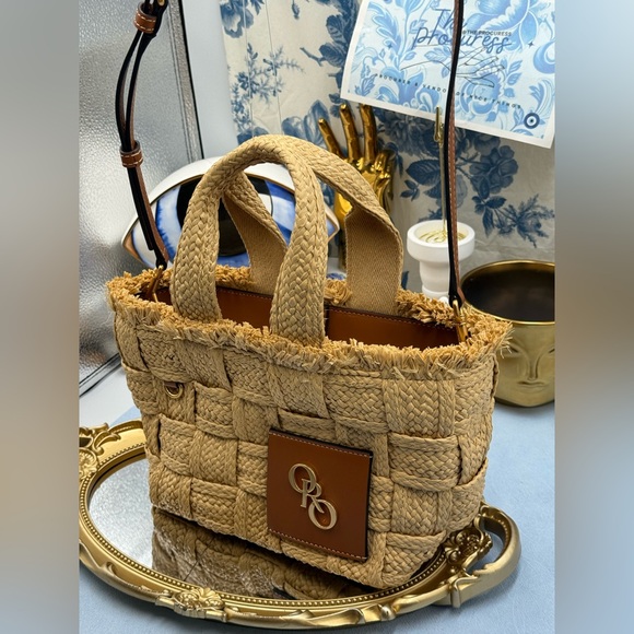 🆕 OROTON 🧿 NWOT Calypso Small Woven Straw Crossbody Tote, Natural & Saddle - Picture 5 of 16